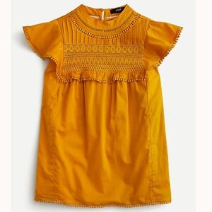 J.Crew Flutter Sleeve Crocheted Lace Top Blouse Shirt Tassel Gold Mustard Yellow